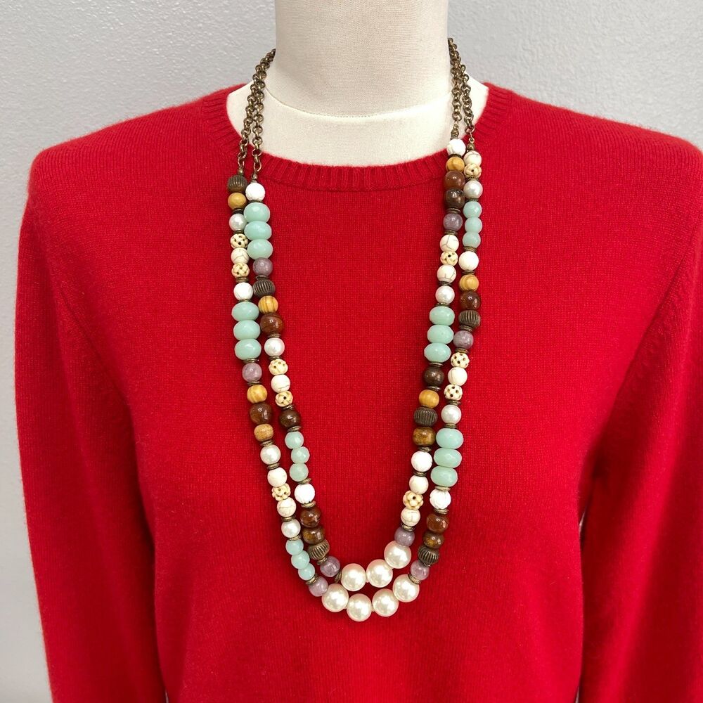 Chico's Faux Pearl White Brown Purple Beaded Beads Fashion Necklace 2 strands